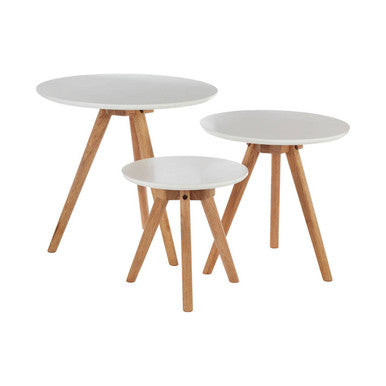 Set of 3 White MDF Top Side Tables with Natural Tapered Legs, Nostra