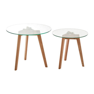 Nostra Natural Oak Wood Set of 2 Side Tables with Glass Tops
