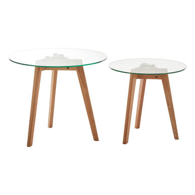 Nostra Natural Oak Wood Set of 2 Side Tables with Glass Tops