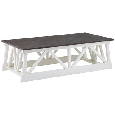 Black Stone Top Coffee Table with White Alder Wood Carved Base, Monas