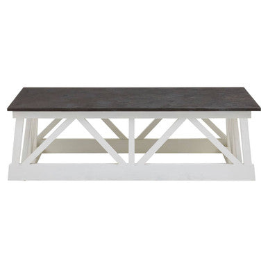 Black Stone Top Coffee Table with White Alder Wood Carved Base, Monas