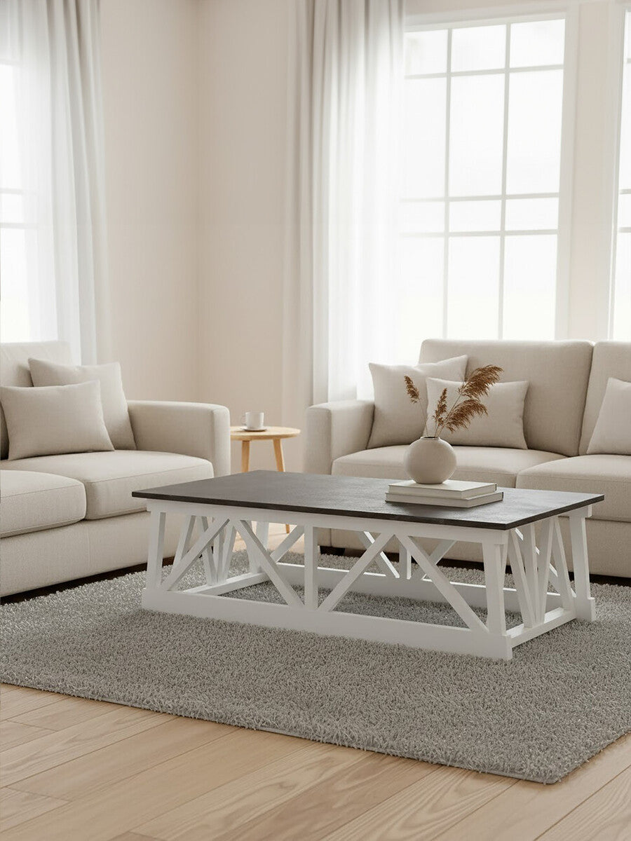 Black Stone Top Coffee Table with White Alder Wood Carved Base, Monas