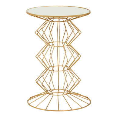 Mirrored Glass Top Side Table with Gold Finish Concertina Wireframe Metal Base, Yaxi