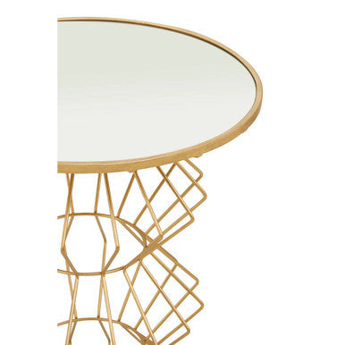 Mirrored Glass Top Side Table with Gold Finish Concertina Wireframe Metal Base, Yaxi