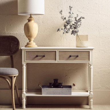 Heritage White and Natural Wooden 2 Drawer Console Table with Lower Shelf