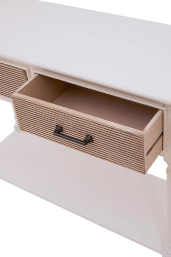 White Natural Wood Console Table with Two Carved Detail Drawers and Lower Shelf, Heritage