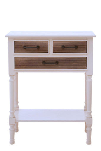 White Natural Wood Console Table with 3 Carved Detail Drawers and Lower Shelf, Heritage