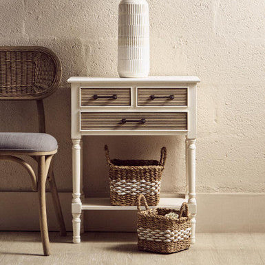 White Natural Wood Console Table with 3 Carved Detail Drawers and Lower Shelf, Heritage