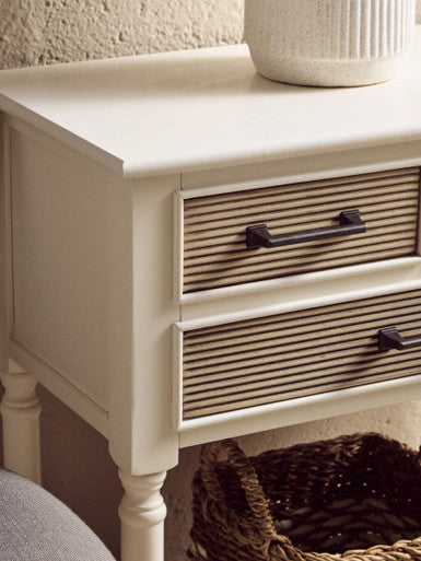 White Natural Wood Console Table with 3 Carved Detail Drawers and Lower Shelf, Heritage