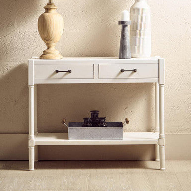 White Wooden Console Table with 2 Storage Drawers and Lower Open Shelf | Heritage