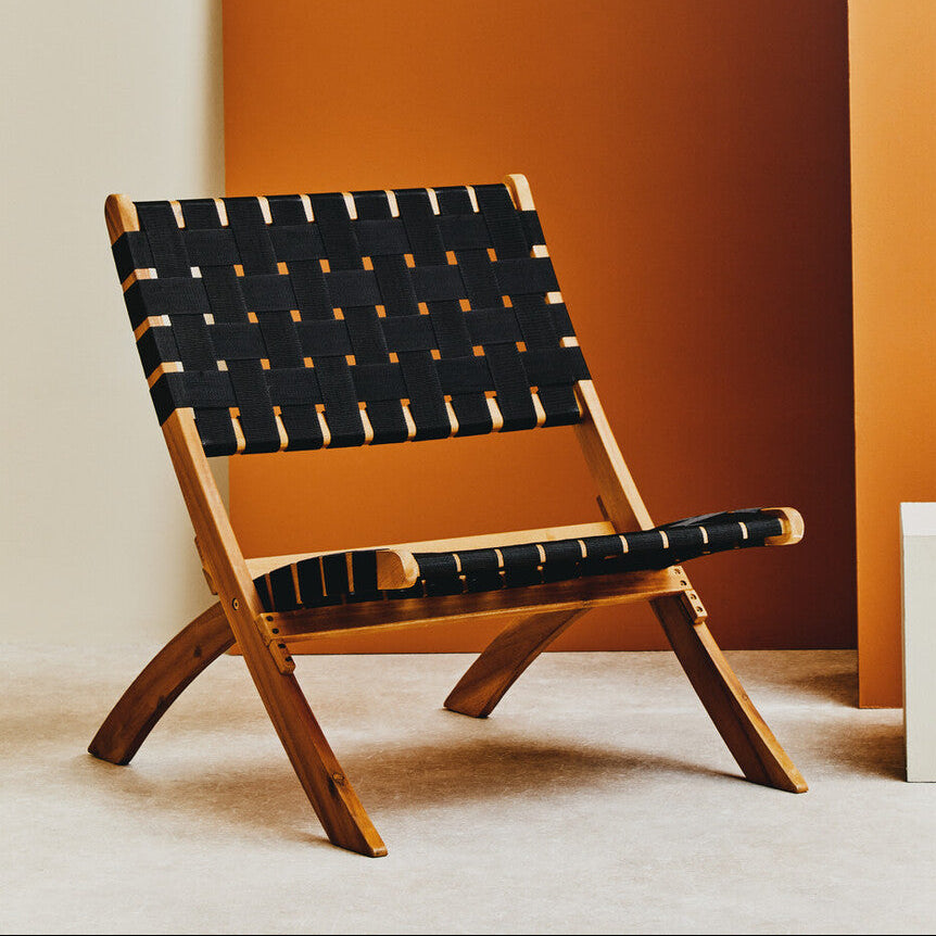 Emilio Black Woven Chair with Acacia Wood Frame