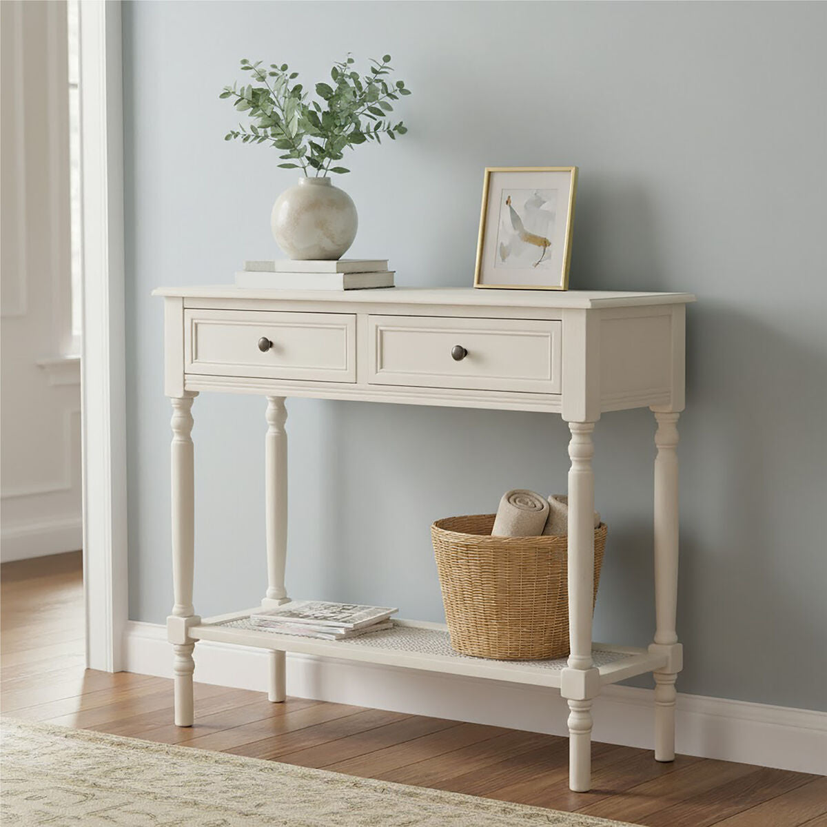 Heritage Antique White Wooden 2 Drawer Console Table with Lower Shelf