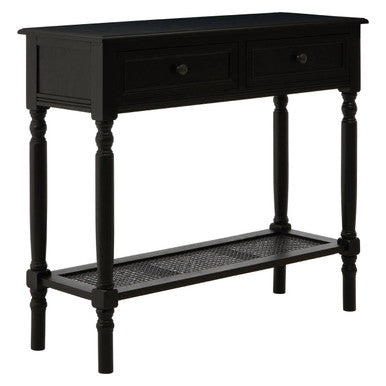 Antique Black Wash Wooden 2-Drawer Console Table with Lower Cane Detail Display Shelf | Heritage