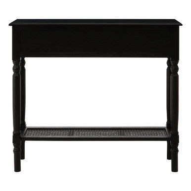 Antique Black Wash Wooden 2-Drawer Console Table with Lower Cane Detail Display Shelf | Heritage