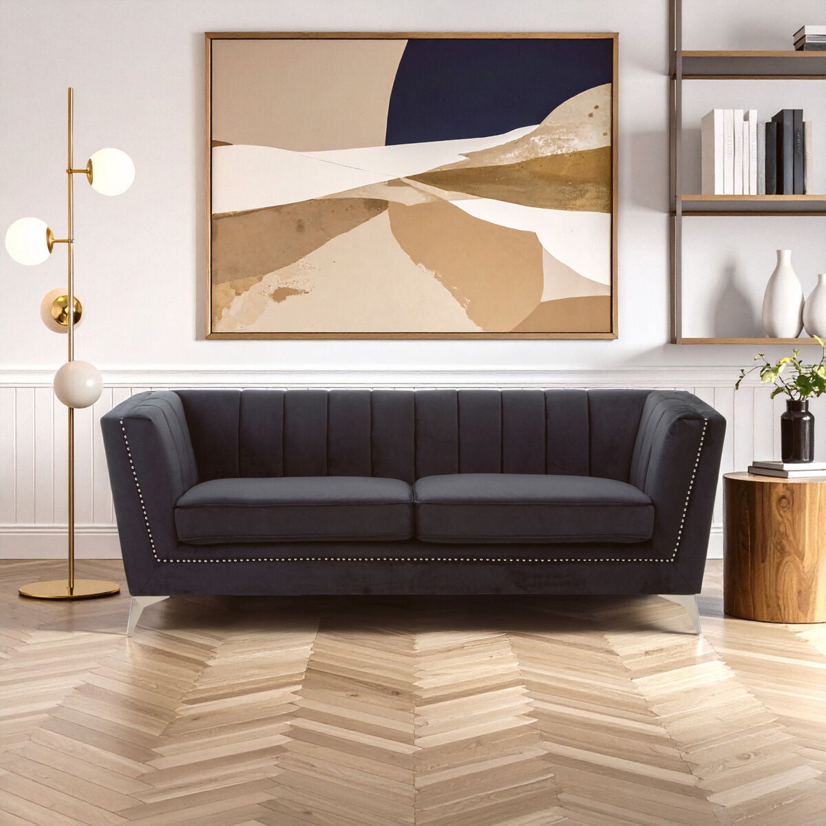 3 Seater Black Velvet Sofa, Hansa