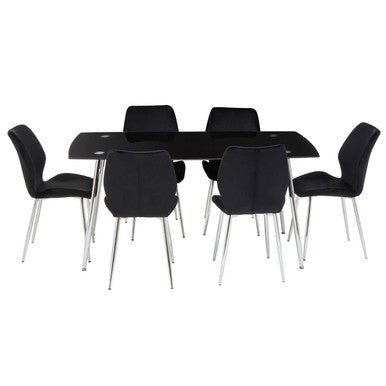 Wimslow Black Glass Dining Table and 6 Black Velvet Dining Chairs Set