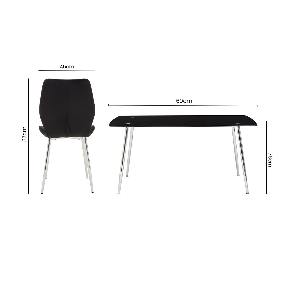 Wimslow Black Glass Dining Table and 6 Black Velvet Dining Chairs Set