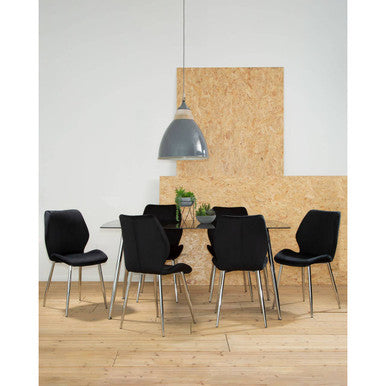 Black Tempered Glass Top and Silver Frame Dining Table with 6 Chairs Set, Wimslow