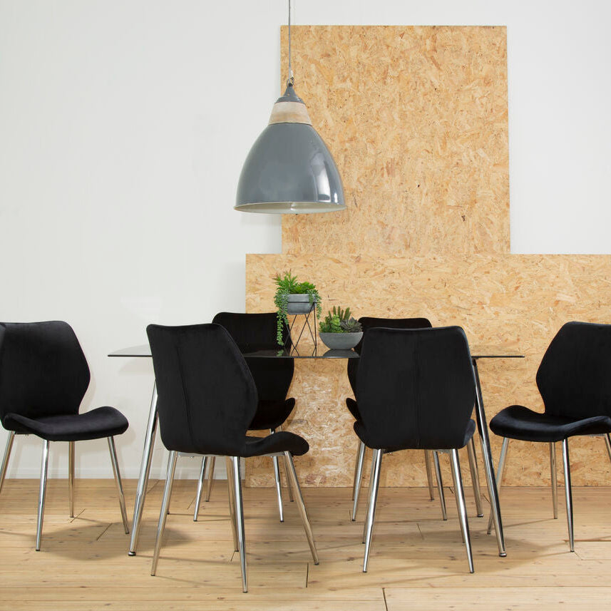 Wimslow Black Glass Dining Table and 6 Black Velvet Dining Chairs Set
