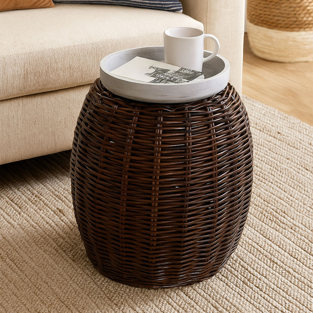 Maka Brown Rattan Barrel Stool