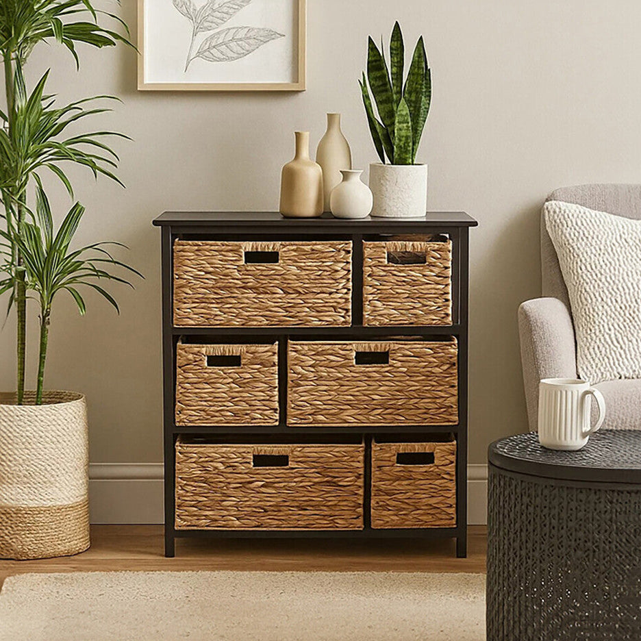 Black Storage Unit with 6 Water Hyacinth Drawers | Padstow