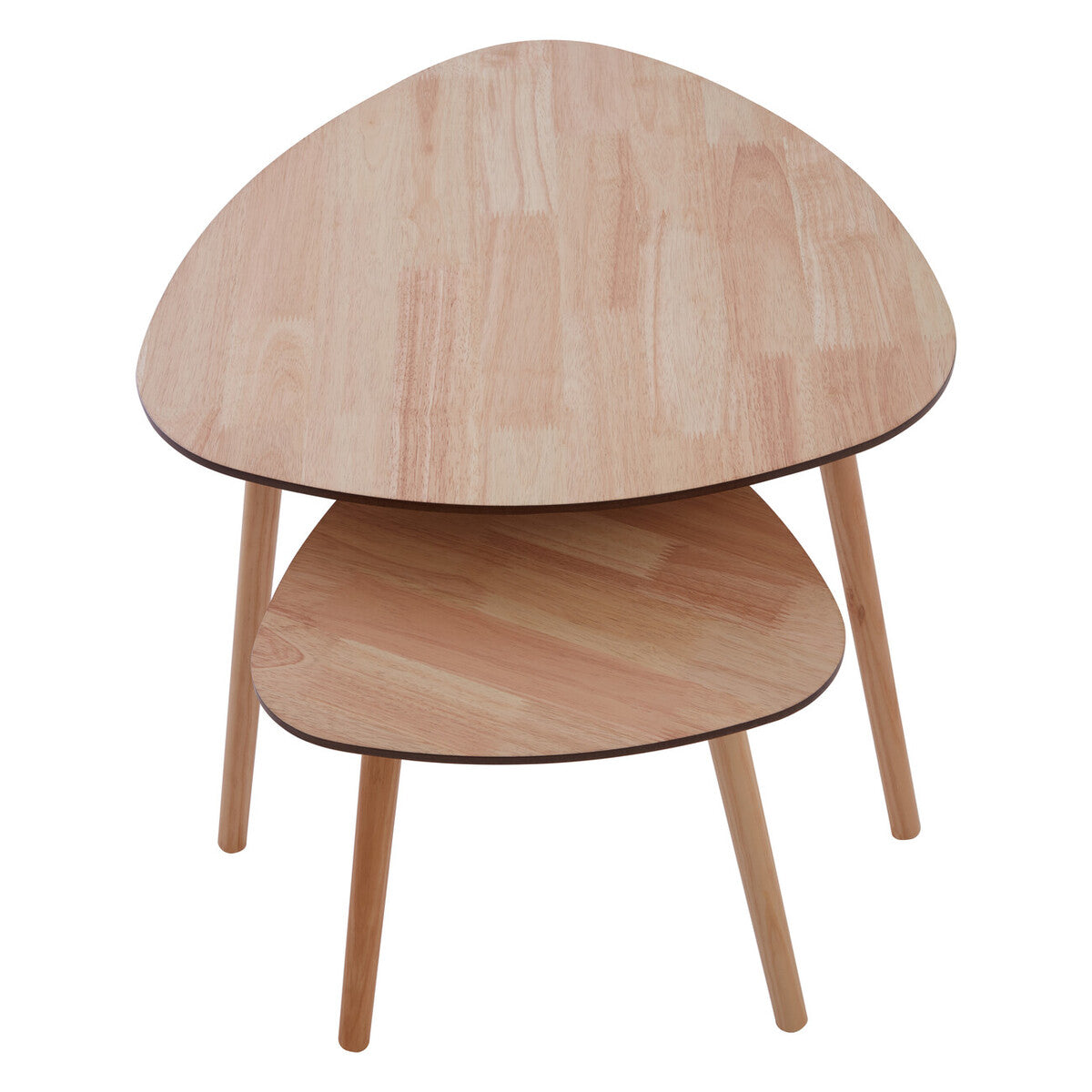 Set of 2 Natural Wooden Nesting Side Tables with Tripod Legs and Rounded Triangle Tops, Rostok