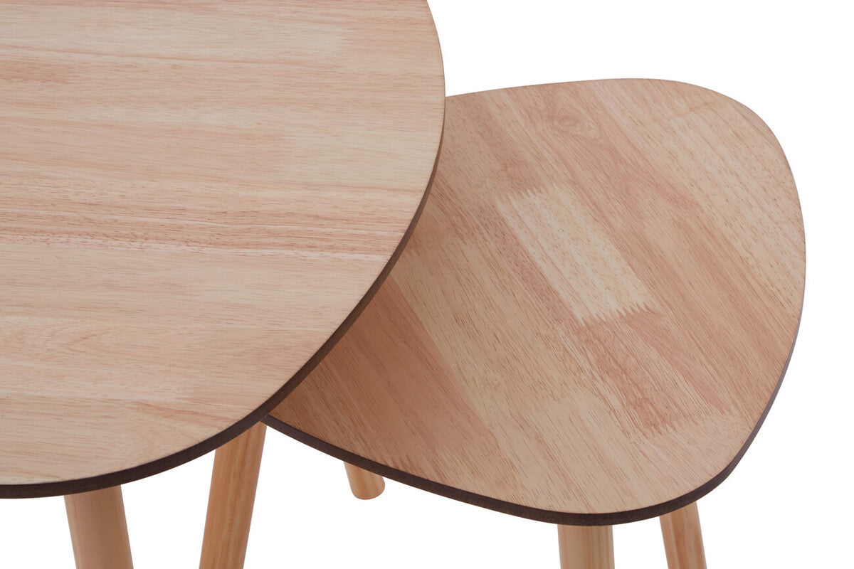 Set of 2 Natural Wooden Nesting Side Tables with Tripod Legs and Rounded Triangle Tops, Rostok