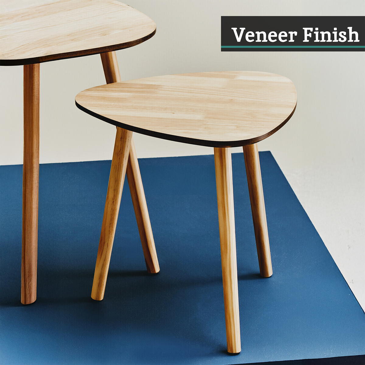 Set of 2 Natural Wooden Nesting Side Tables with Tripod Legs and Rounded Triangle Tops, Rostok