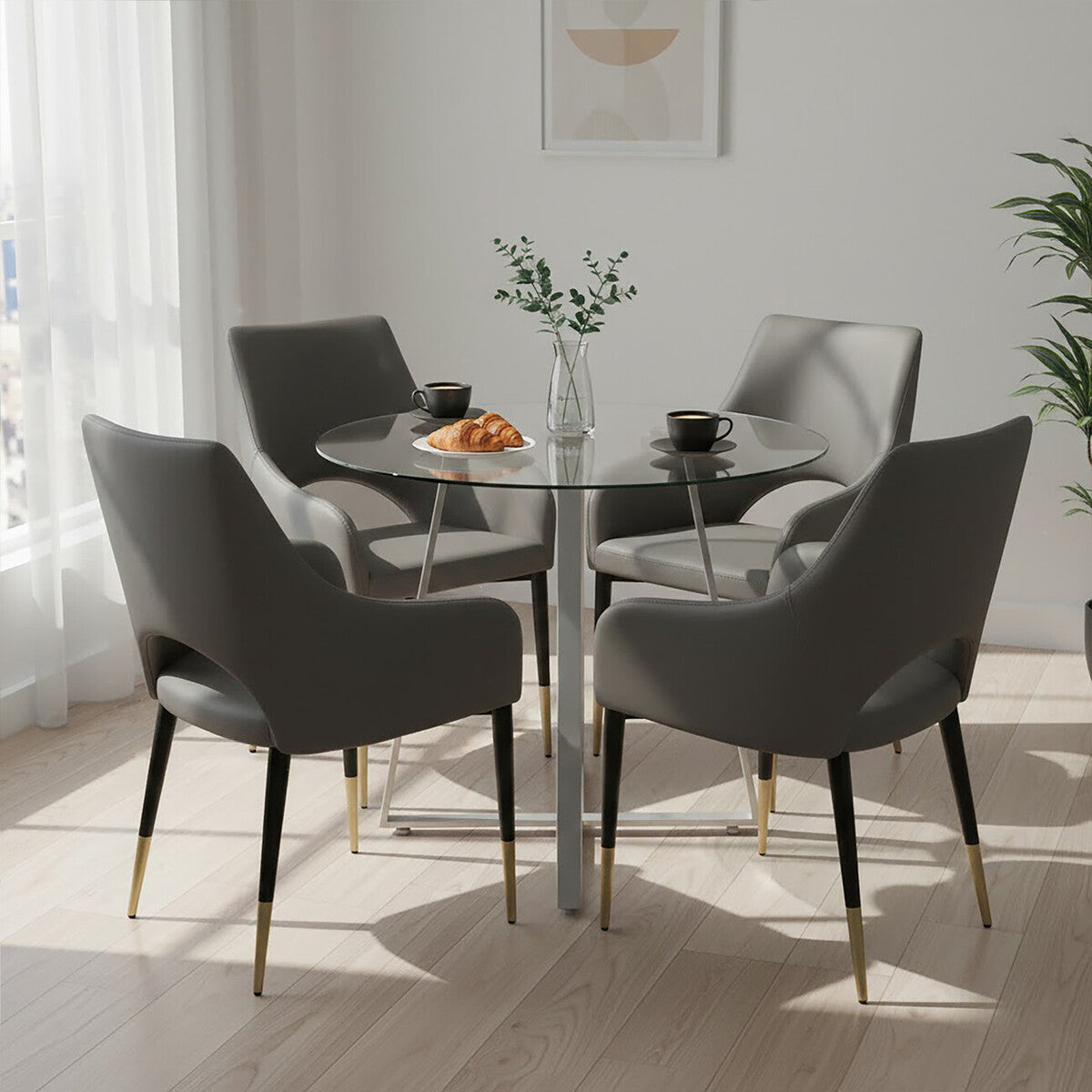 Glass Top and Grey Stainless Steel Dining Table, Metropolitan
