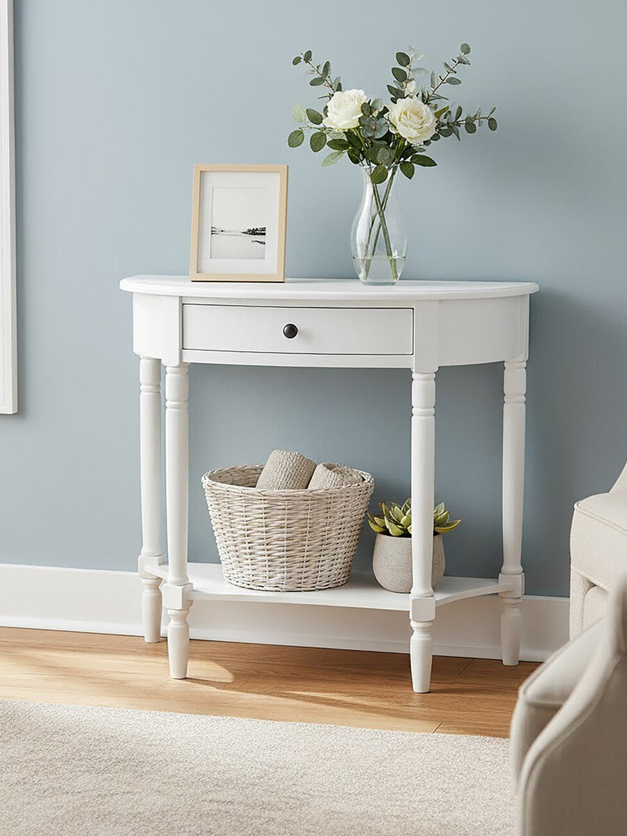 Half Moon White Wooden Console Table with One Drawer and Lower Shelf, Heritage