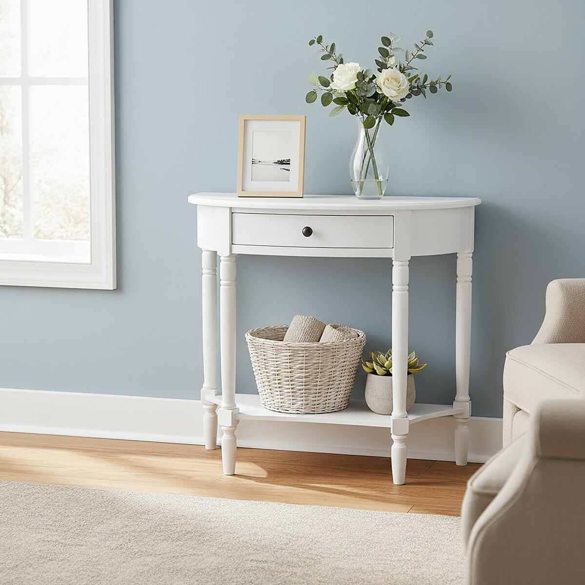 Heritage White Wooden Half Moon 1 Drawer Console Table with Lower Shelf