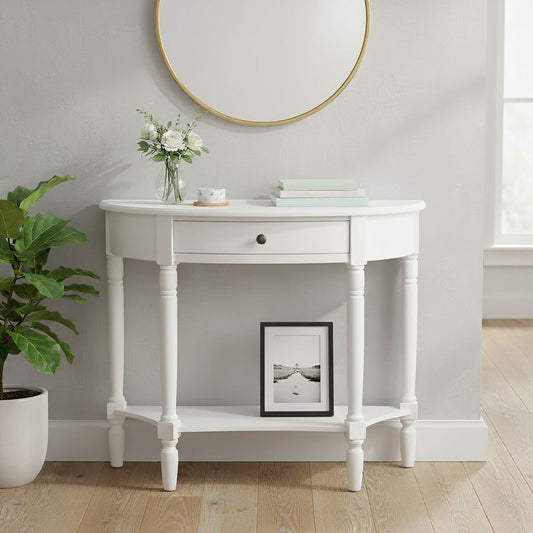 Heritage White Wooden Half Moon 1 Drawer Console Table with Lower Shelf