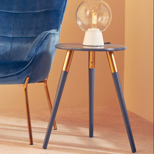 Dark Grey Round Top Wooden Side Table with Natural Wood Legs and Gold Trim, Nostra