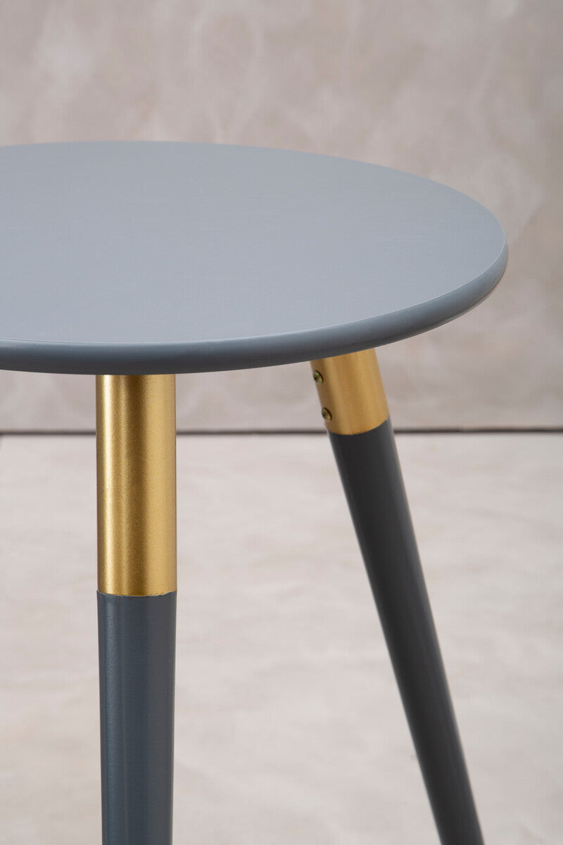 Dark Grey Round Top Wooden Side Table with Natural Wood Legs and Gold Trim, Nostra
