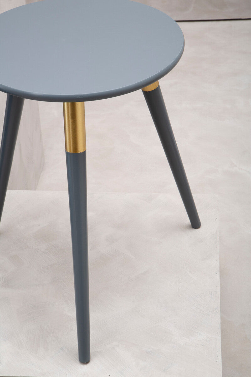 Dark Grey Round Top Wooden Side Table with Natural Wood Legs and Gold Trim, Nostra