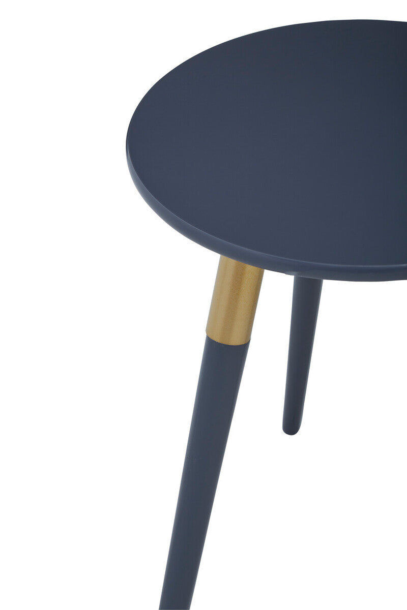 Dark Grey Round Top Wooden Side Table with Natural Wood Legs and Gold Trim, Nostra