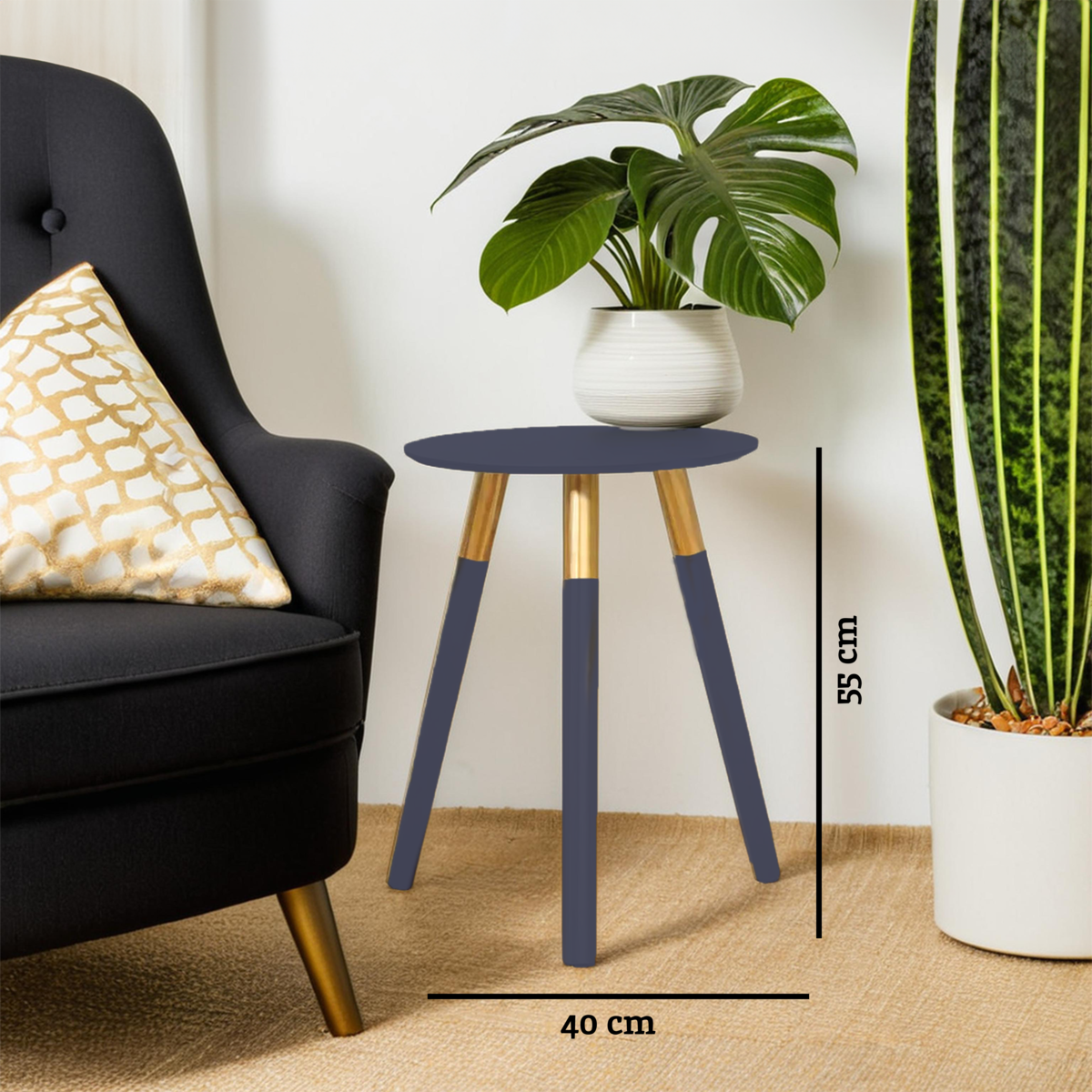 Dark Grey Round Top Wooden Side Table with Natural Wood Legs and Gold Trim, Nostra