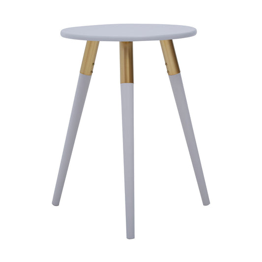 Light Grey Round Top Wooden Side Table with Natural Wood Legs and Gold Trim, Nostra
