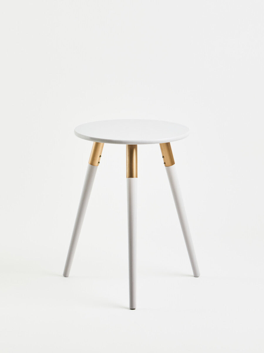 Light Grey Round Top Wooden Side Table with Natural Wood Legs and Gold Trim, Nostra