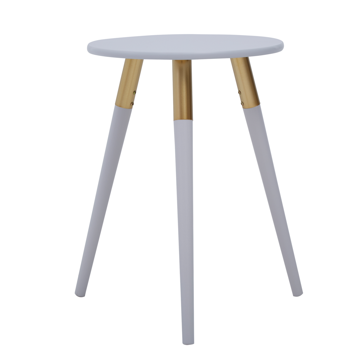 Light Grey Round Top Wooden Side Table with Natural Wood Legs and Gold Trim, Nostra