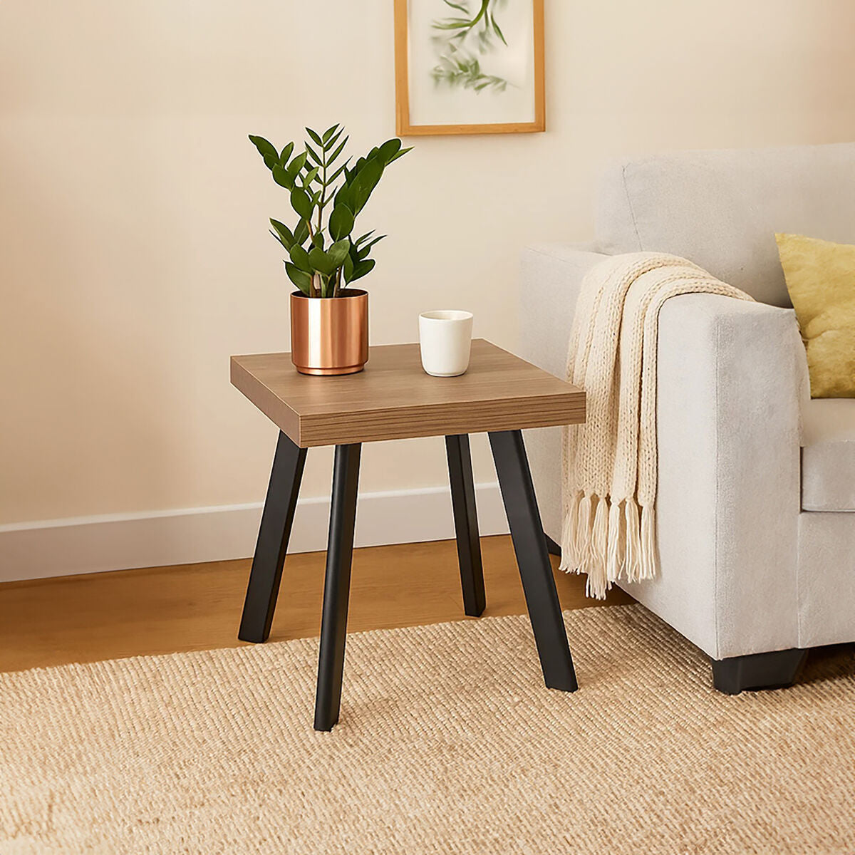 Natural Wood Effect Top Side Table with Black Metal Splayed Legs, Oakwill