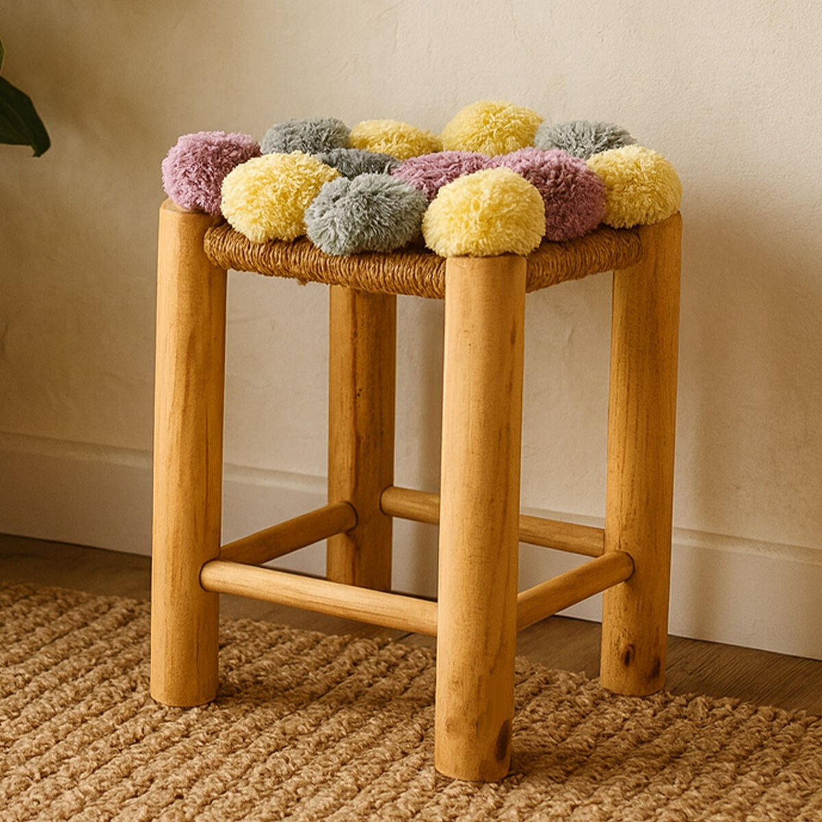 West Village Grey Beige And Pink Pom Stool