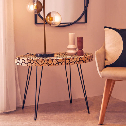 Natural Fir Wood Disc Mosaic Oval Coffee Table with Black Metal Hairpin Legs | Lacuna