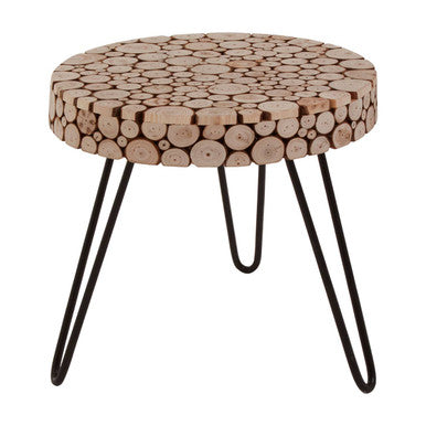 Natural Fir Wood Disc Mosaic Round Coffee Table with Black Metal Hairpin Legs, Lacuna