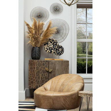 Natural Fir Wood Disc Mosaic Round Coffee Table with Black Metal Hairpin Legs, Lacuna