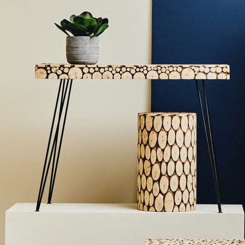 Distressed Fir Wood and Disc Top Console Table with Hairpin Legs, Lacuna