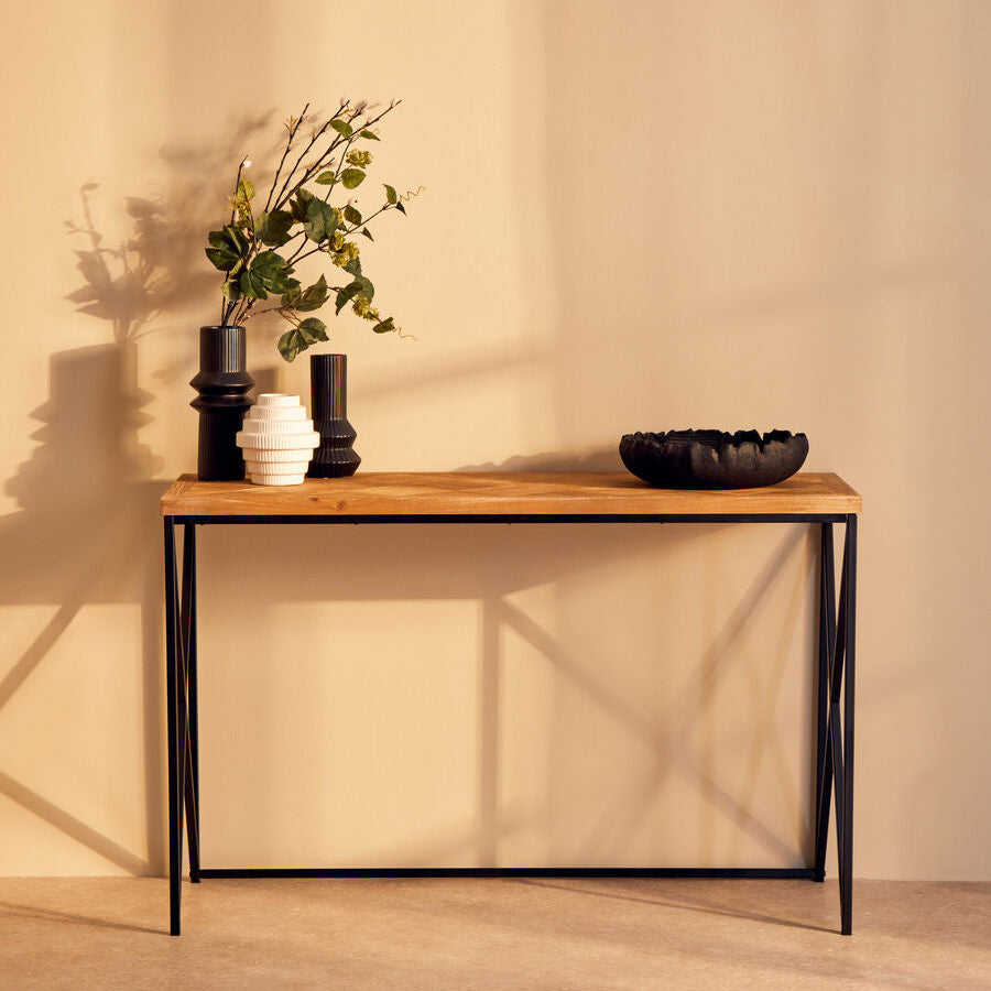 Natural Fir Wood Top Console Table with Black Metal Legs, Kickford