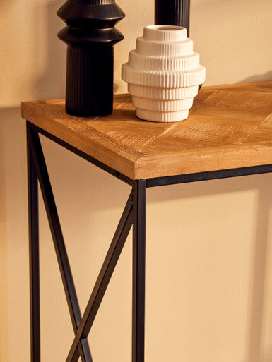 Natural Fir Wood Top Console Table with Black Metal Legs, Kickford