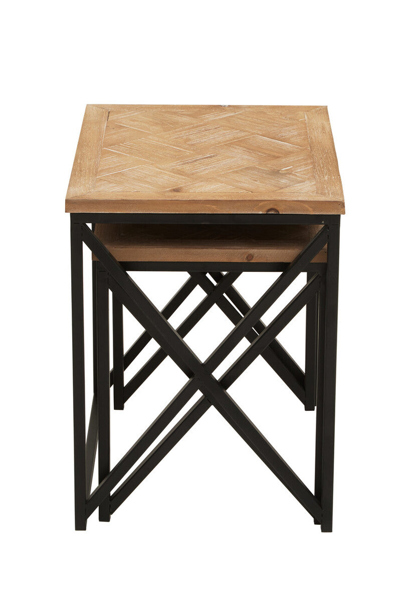 Natural Parquet Fir Wood Set of Two Nesting Tables with Black Metal Frame, Kickford