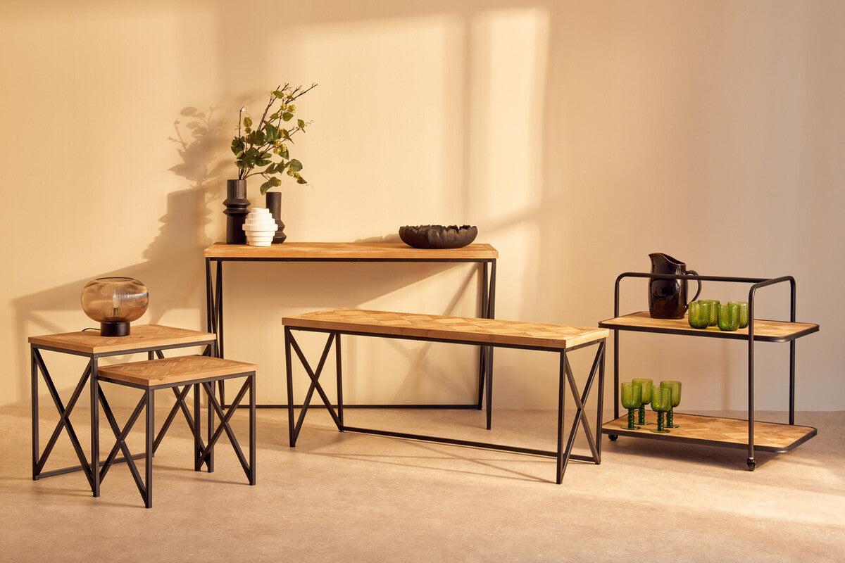 Natural Parquet Fir Wood Set of Two Nesting Tables with Black Metal Frame, Kickford